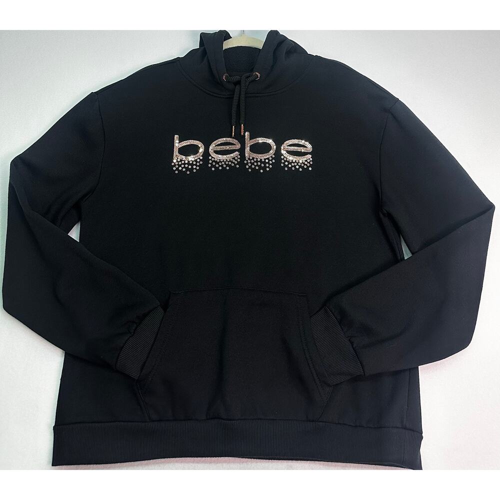 Bebe Sport Y2K Black Hoodie Rose Gold Sequin Logo Thumbhole Women’s Size L - Picture 2 of 11